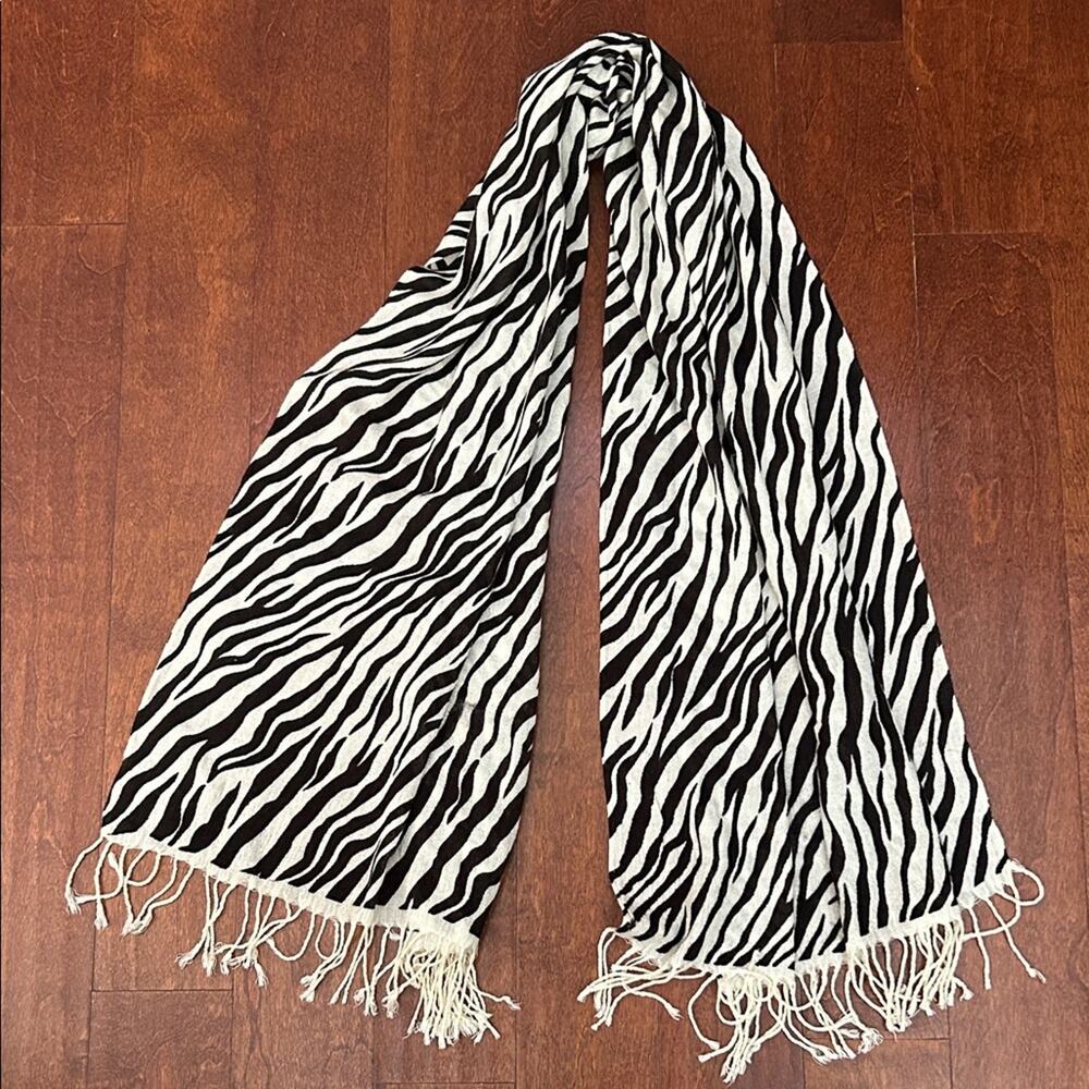 Japanese Zebra Print Scarf, Black & White Loose Weave and Fringe, Long Rectangle